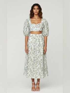 Saint Armont Floral A-Line Midi Dress in White and Green